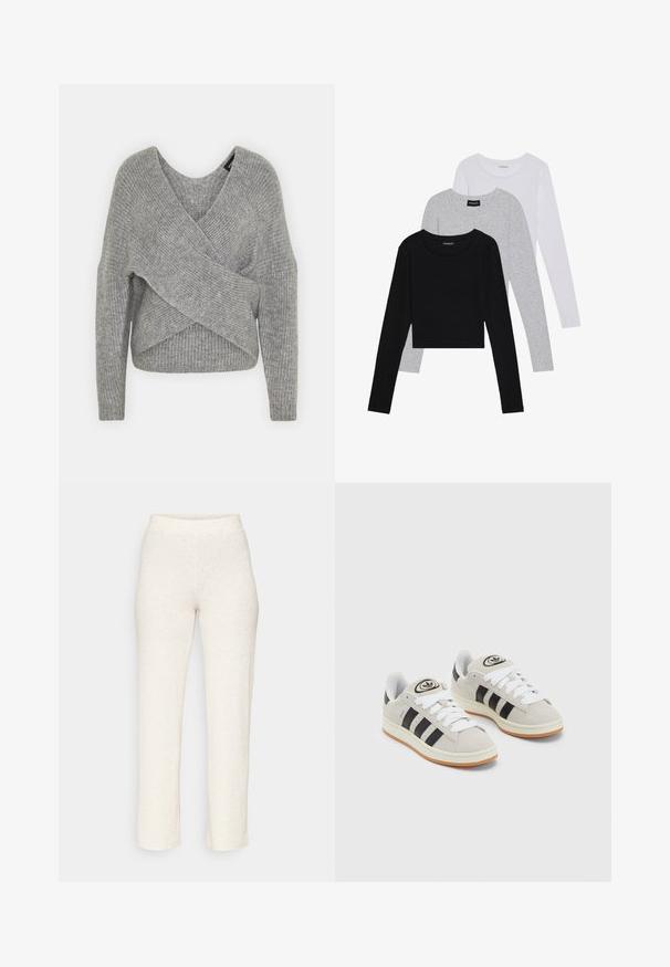 Pelēka apvalka džemperis ar dziļu V veida kakla izgriezumu, garām piedurknēm un ribu tekstūru. Izgatavots no mīksta adījuma materiāla ar slāņotu, asimetrisku dizainu.; Trīs garām piedurknēm veidotas augšdaļas, sakrautās: melna, pelēka un balta. Katram ir noapaļots kakla izgriezums un īsa dizaina forma ar gludu, vieglu audumu.; Kremkrāsas ribotas bikses ar pieguļošu vidukli un taisnām kājām, izgatavotas no mīksta, teksturēta auduma. Nav redzamu rakstu vai akcents.; Pelēkas zamšādas kedas ar baltām saites, melnām svītrām un baltu gumijas zoli. Raksturīga apļa logo uz mēles un gumijas zole.