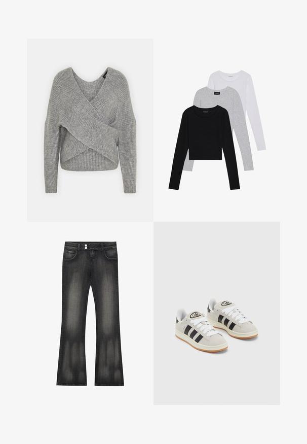 Suéter gris envolvente con un profundo escote en V, mangas largas y textura acanalada. Fabricado con un material de punto suave y un diseño asimétrico en capas.; Tres camisetas de manga larga apiladas: negra, gris y blanca. Cada una tiene un escote redondo y un diseño recortado con una tela suave y ligera.; Jeans acampanados negros hechos de mezclilla con un acabado ligeramente desteñido, que cuentan con dos bolsillos frontales y un cierre de botón en la cintura.; Zapatillas de ante gris con cordones blancos, rayas negras y suela de goma blanca. Presentan un logo circular en la lengüeta y una suela de goma.