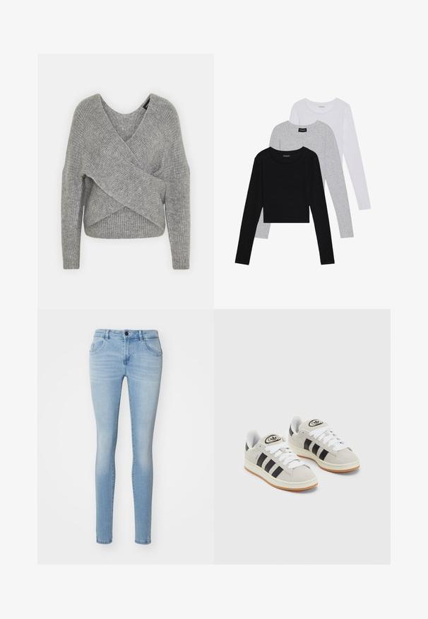 Szürke, mély V kivágású, hosszú ujjú kötött pulóver, bordás textúrával. Puha kötött anyagból készült, réteges, aszimmetrikus dizájnnal.; Három hosszú ujjú póló egymásra rakva: fekete, szürke és fehér. Mindegyiknek kerek nyaka van, és rövidített fazonnal rendelkezik, sima, könnyű anyagból készült.; Világoskék, skinny farmernadrág, magas derékkal, öt zsebbel, enyhe fakulással a laza megjelenés érdekében.; Szürke velúr sportcipők fehér fűzővel, fekete csíkokkal és fehér gumitalppal. A nyelvén kör alakú logó található, illetve a talpa színes gumi.