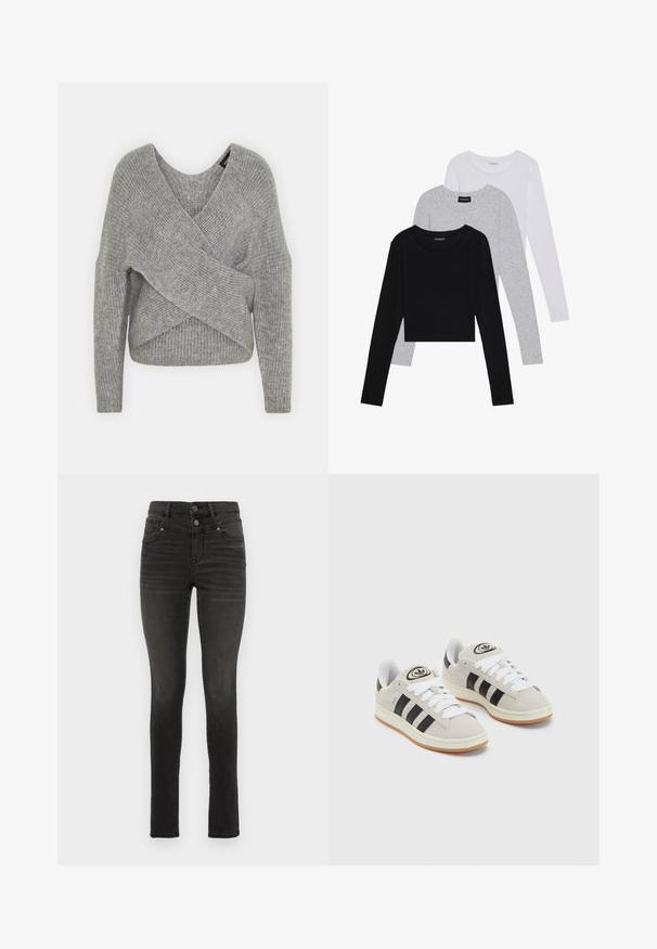 Suéter cinza envolvente com um decote em V profundo, mangas longas e textura canelada. Feito de um material de malha suave com um design assimétrico em camadas.; Três camisetas de manga longa empilhadas: preta, cinza e branca. Cada uma tem um decote redondo e um design cropped, feitas de um tecido leve e suave.; Jeans skinny pretos feitos de denim com uma cintura alta, apresentando botões duplos, cinco bolsos e um desbotamento subtil ao longo das pernas.; Tênis de camurça cinza com atacadores brancos, riscas pretas e uma sola de borracha branca. Apresenta um logótipo circular na língua e uma sola de borracha.