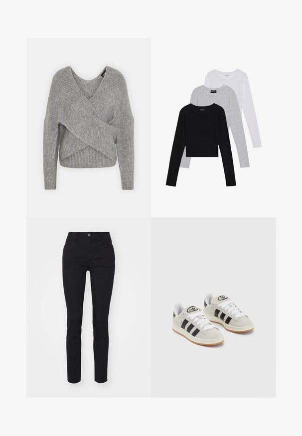 Suéter cinza envolvente com um decote em V profundo, mangas longas e textura canelada. Feito de um material de malha suave com um design assimétrico em camadas.; Três camisetas de manga longa empilhadas: preta, cinza e branca. Cada uma tem um decote redondo e um design cropped, feitas de um tecido leve e suave.; Jeans skinny de ganga preta com cintura alta, design de cinco bolsos, fecho de botão único e detalhe de costura minimalista.; Tênis de camurça cinza com atacadores brancos, riscas pretas e uma sola de borracha branca. Apresenta um logótipo circular na língua e uma sola de borracha.