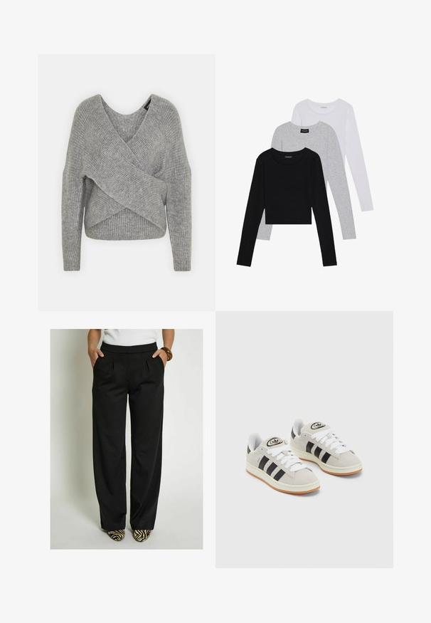 Sivý cardigan s hlbokým V- výstrihom, dlhými rukávmi a rebrovanou textúrou. Vyrobený z mäkkého pleteného materiálu s viacvrstvovým, asymetrickým dizajnom.; Tričko s dlhým rukávom v troch farbách: čiernej, sivej a bielej. Každé má okrúhly výstrih a skrátený strih vyrobený z hladkej, ľahkej tkaniny.; Desires Nohavice - black; Sivé semišové tenisky s bielymi šnúrkami, čiernymi pruhmi a bielou gumovou podrážkou. Obsahujú okrúhly logo na jazyku a gumenú podrážku.