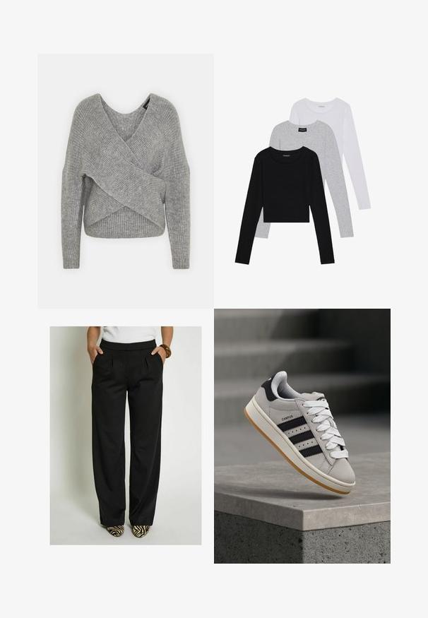 Pilkas aptraukiamas megztinis su giliu V formos iškirpimu, ilgomis rankovėmis ir riešutiniu tekstūru. Pagamintas iš minkštos megztos medžiagos su sluoksniuota, asimetrine konstrukcija.; Trijų ilgomis rankovėmis marškinėlių krūva: juodas, pilkas ir baltas. Kiekvienas turi apvalų iškirpimą ir trumpą dizainą, pagamintas iš lygaus, lengvo audinio.; Desires Kelnės - black; Pilka Adidas Campus sportinio batelio su juodomis juostelėmis ir baltais batraiščiais, plūduriuojančio virš betoninės pakylos su laiptais fone.