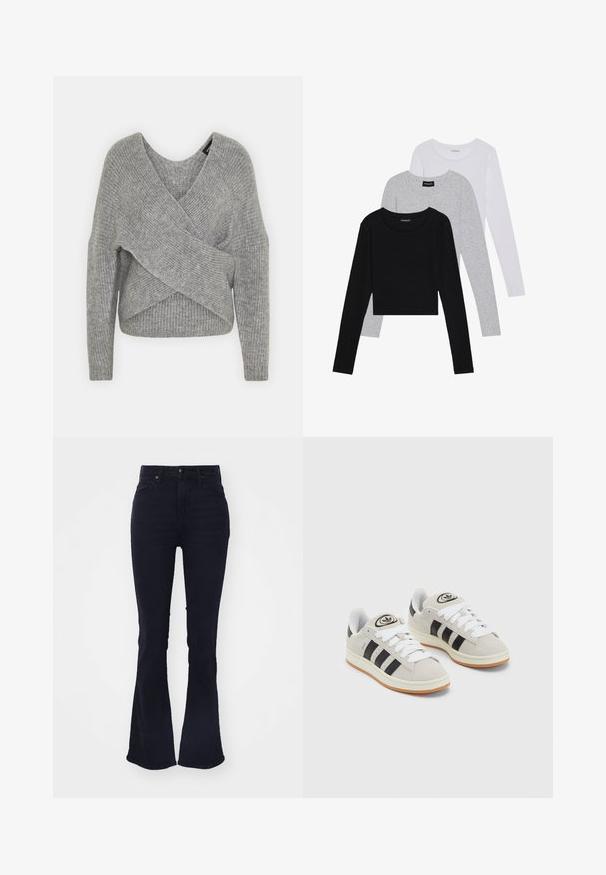 Szary sweter o luźnym kroju z głębokim dekoltem w kształcie litery V, długimi rękawami i prążkowaną teksturą. Wykonany z miękkiego materiału dzianinowego z warstwowym, asymetrycznym wzorem.; Trzy bluzki z długim rękawem ułożone jedna na drugiej: czarna, szara i biała. Każda z okrągłym dekoltem i skróconym fasonem, wykonana z gładkiego, lekkiego materiału.; Ciemnoniebieskie dżinsy o rozkloszowanym kroju i wysokim stanie, wykonane z denimu, z klasycznym pięciokomorowym stylem i zapięciem na zamek błyskawiczny.; Szare zamszowe trampki z białymi sznurówkami, czarnymi paskami i białą gumową podeszwą. Posiadają okrągłe logo na języku oraz gumową podeszwę.