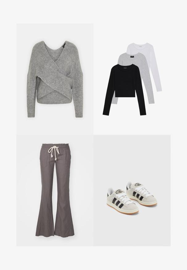 Grau umwickelter Pullover mit tiefem V-Ausschnitt, langen Ärmeln und gerippter Textur. Hergestellt aus einem weichen Strickmaterial mit einem geschichteten, asymmetrischen Design.; Drei langärmelige Oberteile gestapelt: schwarz, grau und weiß. Jedes hat einen runden Halsausschnitt und ein kurzes Design aus glattem, leichtem Stoff.; Ausgestellte, graue Leinenhosen mit elastischem Taillenbund und Kordelzug. Mit zwei Fronttaschen und einer durchgehend glatten Textur.; Graue Wildledersneaker mit weißen Schnürsenkeln, schwarzen Streifen und einer weißen Gummisohle. Merkmale sind ein kreisförmiges Logo auf der Zunge und eine Gummisohle.