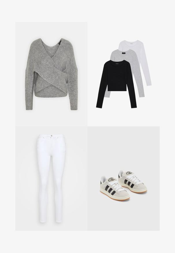 Siva ovitek pulover z globokim V-izrezom, dolgimi rokavi in ribasto teksturo. Narejen iz mehke pletene tkanine z plastnim, asimetričnim dizajnom.; Tri dolga rokava zložena: črna, siva in bela. Vsaka ima okroglo izreznico in skrajšan dizajn z gladkim, lahkotnim materialom.; Bele skinny kavbojke v beli barvi, narejene iz denima, z visokim pasom, petimi žepi, z gumbom za zapiranje in gladko, enotno teksturo.; Sive športne čevlje iz semiša z belimi vezalkami, črnimi črtami in belim gumijastim podplatom. Imajo okroglo oznako na ježku in podplat iz gume.