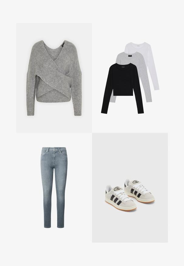 Szürke, mély V kivágású, hosszú ujjú kötött pulóver, bordás textúrával. Puha kötött anyagból készült, réteges, aszimmetrikus dizájnnal.; Három hosszú ujjú póló egymásra rakva: fekete, szürke és fehér. Mindegyiknek kerek nyaka van, és rövidített fazonnal rendelkezik, sima, könnyű anyagból készült.; Karcsú fazonú farmernadrág, puha, világoskék denimből készült. Öt zseb, cipzáros slicc és övhurkok jellemzik, sima textúrával és minimális kopással.; Szürke velúr sportcipők fehér fűzővel, fekete csíkokkal és fehér gumitalppal. A nyelvén kör alakú logó található, illetve a talpa színes gumi.