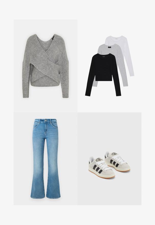 Szürke, mély V kivágású, hosszú ujjú kötött pulóver, bordás textúrával. Puha kötött anyagból készült, réteges, aszimmetrikus dizájnnal.; Három hosszú ujjú póló egymásra rakva: fekete, szürke és fehér. Mindegyiknek kerek nyaka van, és rövidített fazonnal rendelkezik, sima, könnyű anyagból készült.; Világoskék farmerbőr flare farmernadrág elülső zsebekkel, övhurkokkal és gombzárral, fehér háttér előtt.; Szürke velúr sportcipők fehér fűzővel, fekete csíkokkal és fehér gumitalppal. A nyelvén kör alakú logó található, illetve a talpa színes gumi.