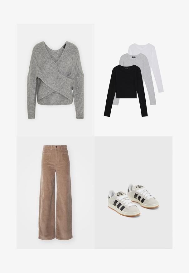 Pull en gris avec un col en V profond, des manches longues et une texture côtelée. Fabriqué en matériau tricoté doux avec un design asymétrique superposé.; Trois hauts à manches longues empilés : noir, gris et blanc. Chacun a un col rond et un design court avec un tissu lisse et léger.; ONLY HOPE GLOBAL HW EBBA POCKETS - Pantalon classique - fossil; Baskets en suède gris avec des lacets blancs, des rayures noires et une semelle en caoutchouc blanc. Présentent un logo circulaire sur la languette et une semelle en gomme.
