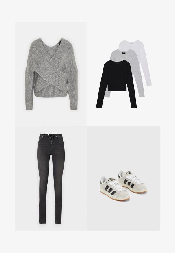 Siva omotana vestica s dubokim V-izrezom, dugim rukavima i rebrastom teksturom. Izrađena od mekog pletenog materijala s slojevitim, asimetričnim dizajnom.; Tri dugih rukava posložena: crna, siva i bijela. Svaka ima okrugli izrez i skrateni kroj s glatkom, laganom tkaninom.; Crne uske traperice visoki struk, izrađene od denima, s patentnim zatvaračem, pet džepova i glatkom teksturom s blagim izbljeđivanjem.; Sive suede tenisice s bijelim vezicama, crnim prugama i bijelim gumiranim potplatom. Imaju kružni logo na jeziku i gumeni potplat.