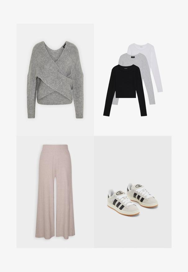 Siva omotana vestica s dubokim V-izrezom, dugim rukavima i rebrastom teksturom. Izrađena od mekog pletenog materijala s slojevitim, asimetričnim dizajnom.; Tri dugih rukava posložena: crna, siva i bijela. Svaka ima okrugli izrez i skrateni kroj s glatkom, laganom tkaninom.; Svijetlosive široke hlače od mekog rebrastog materijala, sa visokim pojasom i punim nogavicama s suptilnom teksturom.; Sive suede tenisice s bijelim vezicama, crnim prugama i bijelim gumiranim potplatom. Imaju kružni logo na jeziku i gumeni potplat.