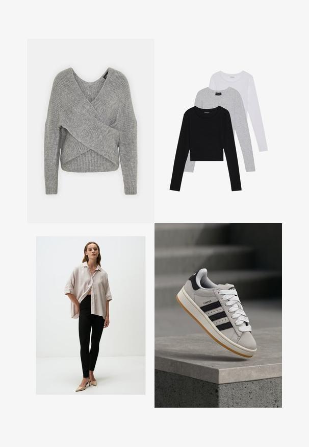 Pull en gris avec un col en V profond, des manches longues et une texture côtelée. Fabriqué en matériau tricoté doux avec un design asymétrique superposé.; Trois hauts à manches longues empilés : noir, gris et blanc. Chacun a un col rond et un design court avec un tissu lisse et léger.; Chemise oversize rose clair à manches courtes, avec fermeture boutonnée, associée à un legging noir et des chaussures à talons nude. Textures simples et lisses.; Baskets Adidas Campus grises avec des rayures noires et des lacets blancs flottant au-dessus d'un rebord en béton avec des escaliers en arrière-plan.