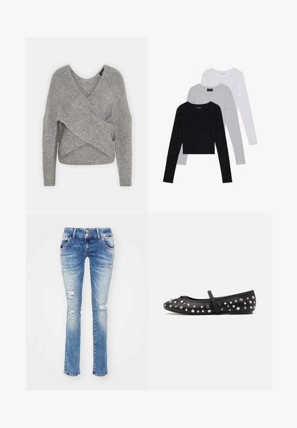 Pilkas aptraukiamas megztinis su giliu V formos iškirpimu, ilgomis rankovėmis ir riešutiniu tekstūru. Pagamintas iš minkštos megztos medžiagos su sluoksniuota, asimetrine konstrukcija.; Trijų ilgomis rankovėmis marškinėlių krūva: juodas, pilkas ir baltas. Kiekvienas turi apvalų iškirpimą ir trumpą dizainą, pagamintas iš lygaus, lengvo audinio.; Šviesiai mėlyni džinsai iš džinsinio audinio, turintys tiesaus kirpimo dizainą, su nusidėvėjimo akcentais ir dviem sagomis juosmens srityje.; Juodas odinis baleto batelis, puošiamas sidabrinėmis studelėmis. Apima dirželį per pėdos vidurį ir apvalią noselę.