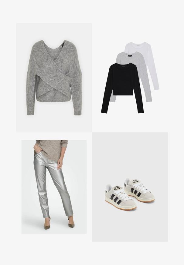 Grijze wikkeltrui met een diepe V-hals, lange mouwen en ribbelstructuur. Gemaakt van een zachte gebreide stof met een gelaagd, asymmetrisch ontwerp.; Drie langmouwige tops gestapeld: zwart, grijs en wit. Elke top heeft een ronde halslijn en een cropped ontwerp van soepel, lichtgewicht materiaal.; Zilveren metallic slim-fit broek met een gladde textuur en subtiele kreukels. Draag het met een lichtbruine gebreide trui en puntige hakken.; Grijze nubucklederen sneakers met witte veters, zwarte strepen en een witte rubberen zool. Bevat een rond logo op de tong en een gumzool.