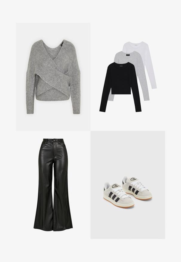 Sivý cardigan s hlbokým V- výstrihom, dlhými rukávmi a rebrovanou textúrou. Vyrobený z mäkkého pleteného materiálu s viacvrstvovým, asymetrickým dizajnom.; Tričko s dlhým rukávom v troch farbách: čiernej, sivej a bielej. Každé má okrúhly výstrih a skrátený strih vyrobený z hladkej, ľahkej tkaniny.; Čierne kožené nohavice so širokými nohavicami a hladkým povrchom, s vysokým pásom, zapínaním na gombík a prednými vreckami. Dizajn so širokými nohavicami a lešteným povrchom.; Sivé semišové tenisky s bielymi šnúrkami, čiernymi pruhmi a bielou gumovou podrážkou. Obsahujú okrúhly logo na jazyku a gumenú podrážku.