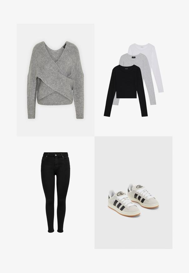 Šedý svetr s volnějším V-výstřihem, dlouhými rukávy a žebrovanou strukturou. Vyrobeno z měkké pleteniny s vrstveným, asymetrickým designem.; Tři trička s dlouhým rukávem naskládaná na sobě: černé, šedé a bílé. Každé má kulatý výstřih a kratší střih z hladkého, lehkého materiálu.; Černé skinny džíny s vysokým pasem, předním zapínáním na knoflík, poutky na opasek a designem s pěti kapsami, zobrazené na bílém pozadí.; Šedé semišové tenisky s bílými tkaničkami, černými pruhy a bílou gumovou podrážkou. Mají kulaté logo na jazyku a gumovou podrážku.