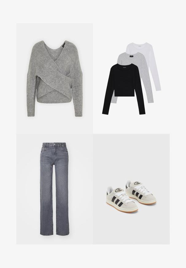 Suéter cinza envolvente com um decote em V profundo, mangas longas e textura canelada. Feito de um material de malha suave com um design assimétrico em camadas.; Três camisetas de manga longa empilhadas: preta, cinza e branca. Cada uma tem um decote redondo e um design cropped, feitas de um tecido leve e suave.; Jeans largos cinzentos feitos de denim com uma textura suave, apresentando um fecho de botão e zipper, e cinco bolsos.; Tênis de camurça cinza com atacadores brancos, riscas pretas e uma sola de borracha branca. Apresenta um logótipo circular na língua e uma sola de borracha.
