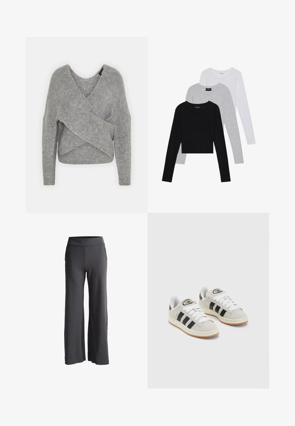 Siva omotana vestica s dubokim V-izrezom, dugim rukavima i rebrastom teksturom. Izrađena od mekog pletenog materijala s slojevitim, asimetričnim dizajnom.; Tri dugih rukava posložena: crna, siva i bijela. Svaka ima okrugli izrez i skrateni kroj s glatkom, laganom tkaninom.; Hlače širokih nogavica od tamnosivog tkiva s mekom teksturom. Imaju visoki elastični pojas i bočne džepove za dodatnu funkcionalnost.; Sive suede tenisice s bijelim vezicama, crnim prugama i bijelim gumiranim potplatom. Imaju kružni logo na jeziku i gumeni potplat.