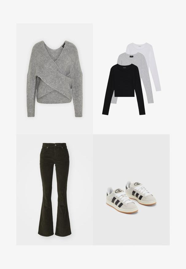 Grau umwickelter Pullover mit tiefem V-Ausschnitt, langen Ärmeln und gerippter Textur. Hergestellt aus einem weichen Strickmaterial mit einem geschichteten, asymmetrischen Design.; Drei langärmelige Oberteile gestapelt: schwarz, grau und weiß. Jedes hat einen runden Halsausschnitt und ein kurzes Design aus glattem, leichtem Stoff.; Ausgestellte Cordhosen in Dunkelgrün. Sie verfügen über Fronttaschen, einen Knopfverschluss und einen weichen, strukturierten Stoff mit geripptem Muster.; Graue Wildledersneaker mit weißen Schnürsenkeln, schwarzen Streifen und einer weißen Gummisohle. Merkmale sind ein kreisförmiges Logo auf der Zunge und eine Gummisohle.