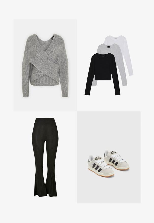 Pull en gris avec un col en V profond, des manches longues et une texture côtelée. Fabriqué en matériau tricoté doux avec un design asymétrique superposé.; Trois hauts à manches longues empilés : noir, gris et blanc. Chacun a un col rond et un design court avec un tissu lisse et léger.; Pantalons noirs côtelés avec un ourlet évasé, une taille haute et des rayures verticales pour plus de texture et de style.; Baskets en suède gris avec des lacets blancs, des rayures noires et une semelle en caoutchouc blanc. Présentent un logo circulaire sur la languette et une semelle en gomme.