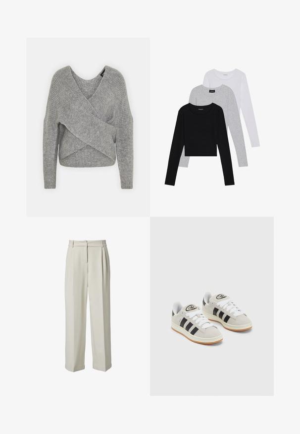 Gray wrap sweater with a deep V-neck, long sleeves, and ribbed texture. Made from a soft knit material with a layered, asymmetrical design.; Three long-sleeve tops stacked: black, grey, and white. Each has a round neckline and a cropped design with smooth, lightweight fabric.; Beige wide-leg trousers with a smooth texture, featuring a pleated front, belt loops, and two side pockets. Made of lightweight fabric.; Gray suede sneakers with white laces, black stripes, and a white rubber sole. Features a circular logo on the tongue and a gum sole.