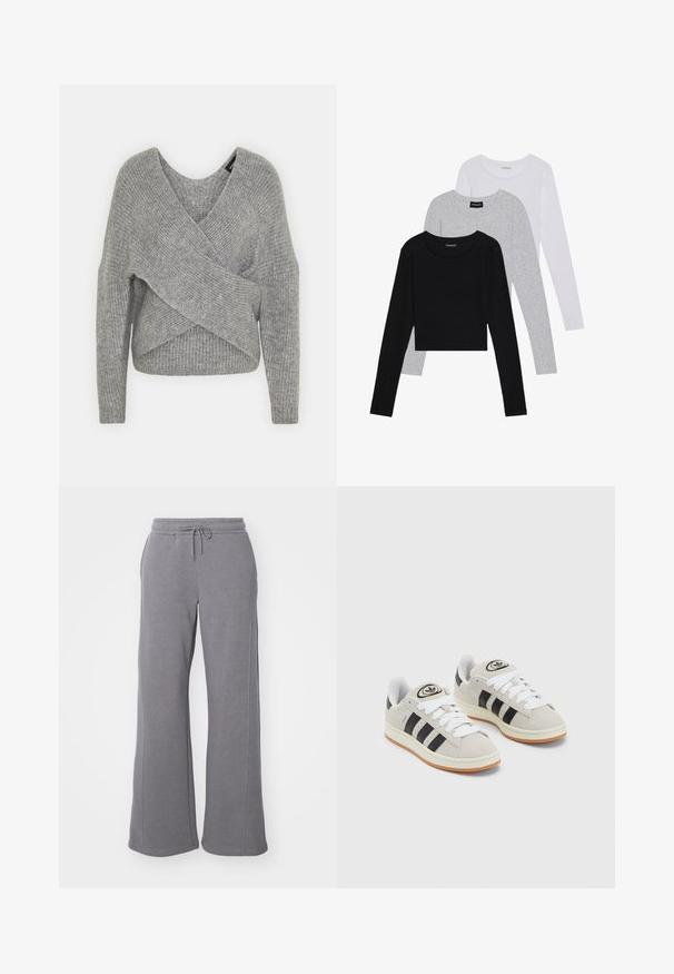 Pelēka apvalka džemperis ar dziļu V veida kakla izgriezumu, garām piedurknēm un ribu tekstūru. Izgatavots no mīksta adījuma materiāla ar slāņotu, asimetrisku dizainu.; Trīs garām piedurknēm veidotas augšdaļas, sakrautās: melna, pelēka un balta. Katram ir noapaļots kakla izgriezums un īsa dizaina forma ar gludu, vieglu audumu.; Pelēki sporta bikses, kas izgatavotas no mīksta kokvilnas maisījuma, ar saistāmām jostasvietām, sānu kabatām un platām kājām. Gluda tekstūra bez rakstiem.; Pelēkas zamšādas kedas ar baltām saites, melnām svītrām un baltu gumijas zoli. Raksturīga apļa logo uz mēles un gumijas zole.