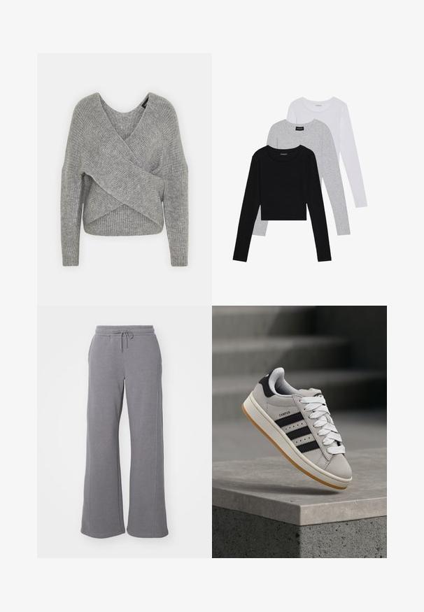 Siva ovitek pulover z globokim V-izrezom, dolgimi rokavi in ribasto teksturo. Narejen iz mehke pletene tkanine z plastnim, asimetričnim dizajnom.; Tri dolga rokava zložena: črna, siva in bela. Vsaka ima okroglo izreznico in skrajšan dizajn z gladkim, lahkotnim materialom.; Sive trenirke iz mehkega bombažnega materiala, z vrvico za pritrditev v pasu, stranskima žepoma in širokimi hlačnicami. Gladka tekstura brez vzorcev.; Siv Adidas Campus športni copat s črnimi črtami in belimi vezalkami, ki lebdi nad betonskim robom s stopnicami v ozadju.