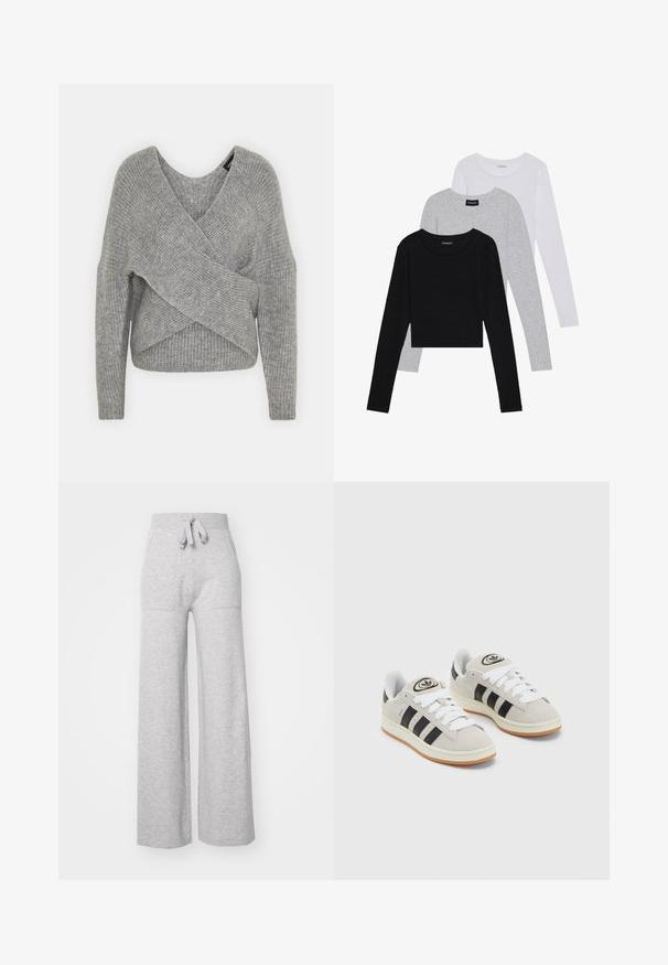 Gray wrap sweater with a deep V-neck, long sleeves, and ribbed texture. Made from a soft knit material with a layered, asymmetrical design.; Three long-sleeve tops stacked: black, grey, and white. Each has a round neckline and a cropped design with smooth, lightweight fabric.; Gray wide-leg sweatpants made of soft fabric, featuring an elastic waistband, drawstring, and two side pockets. Smooth texture, casual design.; Gray suede sneakers with white laces, black stripes, and a white rubber sole. Features a circular logo on the tongue and a gum sole.