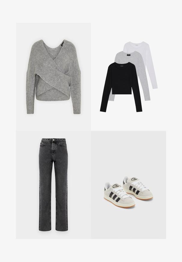 Pilkas aptraukiamas megztinis su giliu V formos iškirpimu, ilgomis rankovėmis ir riešutiniu tekstūru. Pagamintas iš minkštos megztos medžiagos su sluoksniuota, asimetrine konstrukcija.; Trijų ilgomis rankovėmis marškinėlių krūva: juodas, pilkas ir baltas. Kiekvienas turi apvalų iškirpimą ir trumpą dizainą, pagamintas iš lygaus, lengvo audinio.; Pilkos džinsinės tiesių kojų kelnės su išblukusiu apdailos efektu, penkių kišenių dizainas ir mygtukų užsegimas. Siuvinėjimas palei siūles su klasikinėmis detalėmis.; Grynos zomšos sneakeriai su baltais raišteliais, juodomis juostelėmis ir balta gumine sole. Turintys apskritą logotipą ant liežuvėlio ir guminę sole.