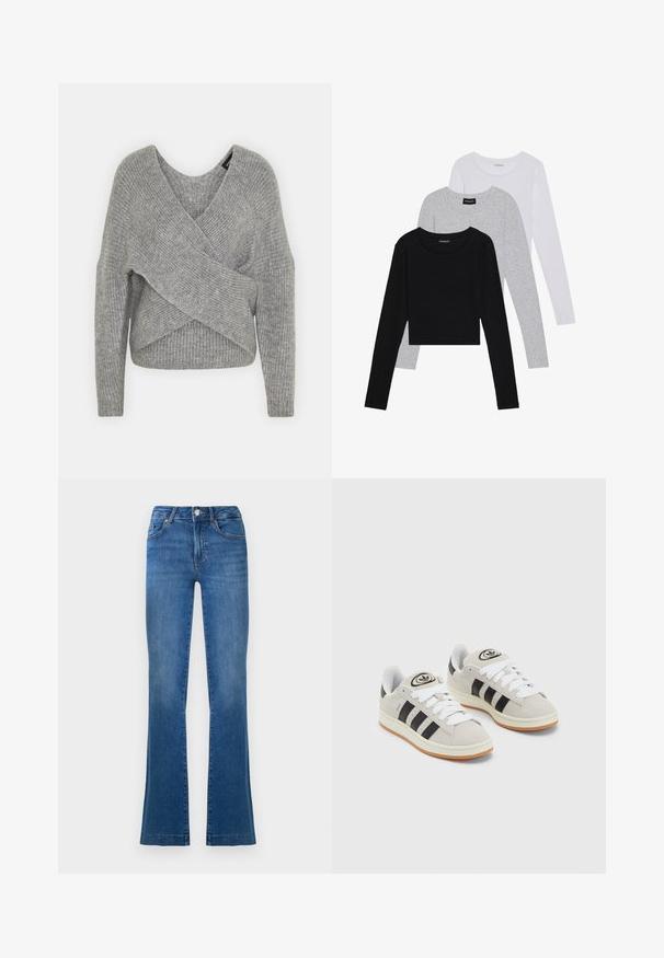 Siva ovitek pulover z globokim V-izrezom, dolgimi rokavi in ribasto teksturo. Narejen iz mehke pletene tkanine z plastnim, asimetričnim dizajnom.; Tri dolga rokava zložena: črna, siva in bela. Vsaka ima okroglo izreznico in skrajšan dizajn z gladkim, lahkotnim materialom.; Modre flare jeans iz denima, ki vsebujejo klasičen dizajn s petimi žepi, sprednjo zaponko na gumb in rahlo zbledela območja na stegnih.; Sive športne čevlje iz semiša z belimi vezalkami, črnimi črtami in belim gumijastim podplatom. Imajo okroglo oznako na ježku in podplat iz gume.