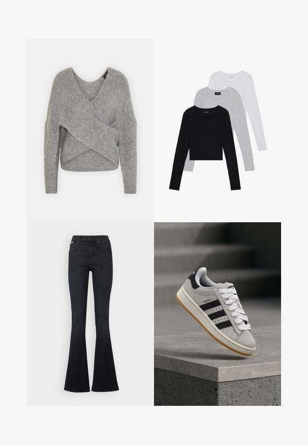 Szürke, mély V kivágású, hosszú ujjú kötött pulóver, bordás textúrával. Puha kötött anyagból készült, réteges, aszimmetrikus dizájnnal.; Három hosszú ujjú póló egymásra rakva: fekete, szürke és fehér. Mindegyiknek kerek nyaka van, és rövidített fazonnal rendelkezik, sima, könnyű anyagból készült.; Fekete trapéz szabású farmernadrág, klasszikus öt zsebes kialakítással, gombbal záródik, és finom varrási részletekkel rendelkezik.; adidas Originals CAMPUS 00S W - Sportcipő - crystal white/core black/off white