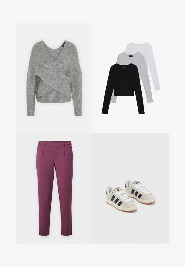 Grå omslagssweater med dyp V-hals, lange ermer og ribbestruktur. Laget av et mykt strikket materiale med et lagdelt, asymmetrisk design.; Tre lange ermer t-skjorter stablet: svart, grå og hvit. Hver har en rund hals og et kort design med glatt, lett stoff.; Rettkuttede, plommefargede bukser med beltehull, sidelommer og en skreddersydd midje mot en hvit bakgrunn.; Grå semsket sneakers med hvite lisser, svarte striper og en hvit gummisåle. Har en sirkulær logo på tungen og en gummisåle.