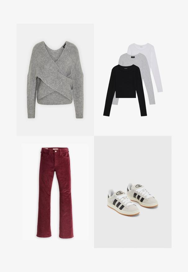 Hallide hallhargus, sügava V-kaelusega, pikkade varrukatega ja ribatrepiga. Valmistatud pehmest kudumismetallist, millel on kihiline, asümmeetriline disain.; Kolm pikkade varrukatega toppi, mis on üksteise peale asetatud: must, hall ja valge. Igal ühel on ümar kaelus ja lühike disain, valmistatud siledast, kergekaalulisest kangast.; Levi's® 726 FLARE - Alt laienevad teksad - windsor wine; Hallid hallid nahkrennid valgete paeltega, mustade triipudega ja valge kummitaldiga. Omab ümmargust logo keeles ja kummitalda.