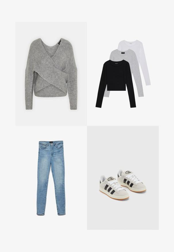 Pelēka apvalka džemperis ar dziļu V veida kakla izgriezumu, garām piedurknēm un ribu tekstūru. Izgatavots no mīksta adījuma materiāla ar slāņotu, asimetrisku dizainu.; Trīs garām piedurknēm veidotas augšdaļas, sakrautās: melna, pelēka un balta. Katram ir noapaļots kakla izgriezums un īsa dizaina forma ar gludu, vieglu audumu.; Gai zils izbalējis skinny džinsu bikses ar priekšējo pogu un piecu kabatu dizainu, izklātas uz baltas fona.; Pelēkas zamšādas kedas ar baltām saites, melnām svītrām un baltu gumijas zoli. Raksturīga apļa logo uz mēles un gumijas zole.