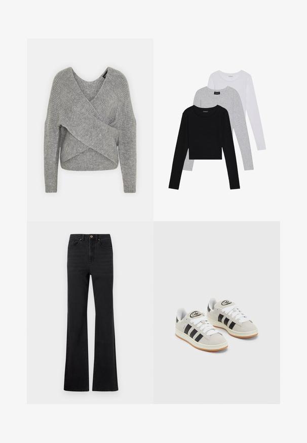 Suéter cinza envolvente com um decote em V profundo, mangas longas e textura canelada. Feito de um material de malha suave com um design assimétrico em camadas.; Três camisetas de manga longa empilhadas: preta, cinza e branca. Cada uma tem um decote redondo e um design cropped, feitas de um tecido leve e suave.; Calças de ganga pretas de cintura alta com botão frontal, passantes para cinto e pernas ligeiramente largas, em fundo branco.; Tênis de camurça cinza com atacadores brancos, riscas pretas e uma sola de borracha branca. Apresenta um logótipo circular na língua e uma sola de borracha.
