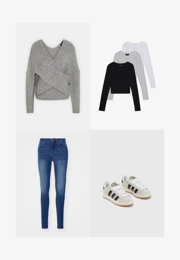 Hallide hallhargus, sügava V-kaelusega, pikkade varrukatega ja ribatrepiga. Valmistatud pehmest kudumismetallist, millel on kihiline, asümmeetriline disain.; Kolm pikkade varrukatega toppi, mis on üksteise peale asetatud: must, hall ja valge. Igal ühel on ümar kaelus ja lühike disain, valmistatud siledast, kergekaalulisest kangast.; Sinine denim skinny teksapüksid sujuva tekstuuriga, viie taskuga disain ja nööbiga sulgemine. Omab kulunud välimuse saavutamiseks tuhmunud piirkondi.; Hallid hallid nahkrennid valgete paeltega, mustade triipudega ja valge kummitaldiga. Omab ümmargust logo keeles ja kummitalda.