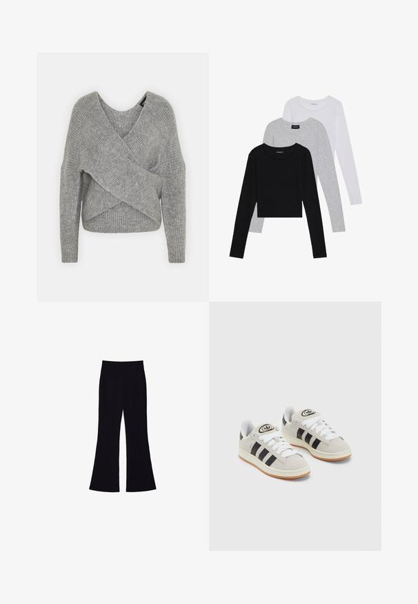 Siva omotana vestica s dubokim V-izrezom, dugim rukavima i rebrastom teksturom. Izrađena od mekog pletenog materijala s slojevitim, asimetričnim dizajnom.; Tri dugih rukava posložena: crna, siva i bijela. Svaka ima okrugli izrez i skrateni kroj s glatkom, laganom tkaninom.; Crne široke hlače s visokim strukom, bez vidljivih džepova ili dugmadi, prikazane protiv bijele pozadine.; Sive suede tenisice s bijelim vezicama, crnim prugama i bijelim gumiranim potplatom. Imaju kružni logo na jeziku i gumeni potplat.