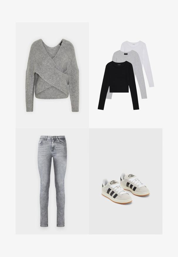 Pelēka apvalka džemperis ar dziļu V veida kakla izgriezumu, garām piedurknēm un ribu tekstūru. Izgatavots no mīksta adījuma materiāla ar slāņotu, asimetrisku dizainu.; Trīs garām piedurknēm veidotas augšdaļas, sakrautās: melna, pelēka un balta. Katram ir noapaļots kakla izgriezums un īsa dizaina forma ar gludu, vieglu audumu.; Pelēki džinsi ar sašaurinājumu un augstu vidukli, pieci kabatas un neliela izbalēšana visā virsmā. Iekļauti rāvējslēdzis un pogas aizdare.; Pelēkas zamšādas kedas ar baltām saites, melnām svītrām un baltu gumijas zoli. Raksturīga apļa logo uz mēles un gumijas zole.