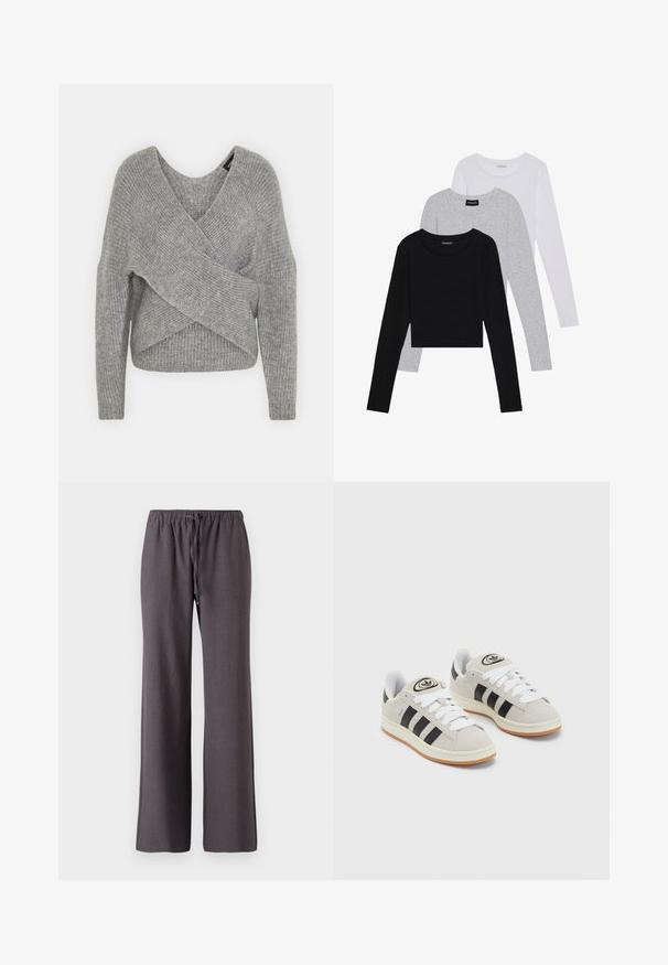 Pull en gris avec un col en V profond, des manches longues et une texture côtelée. Fabriqué en matériau tricoté doux avec un design asymétrique superposé.; Trois hauts à manches longues empilés : noir, gris et blanc. Chacun a un col rond et un design court avec un tissu lisse et léger.; Pantalons droits gris foncé avec taille élastique et cordon de serrage à l'avant, présentés sur un fond blanc.; Baskets en suède gris avec des lacets blancs, des rayures noires et une semelle en caoutchouc blanc. Présentent un logo circulaire sur la languette et une semelle en gomme.