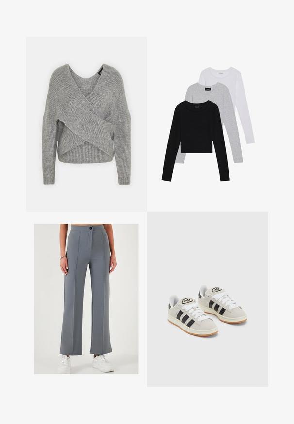 Grijze wikkeltrui met een diepe V-hals, lange mouwen en ribbelstructuur. Gemaakt van een zachte gebreide stof met een gelaagd, asymmetrisch ontwerp.; Drie langmouwige tops gestapeld: zwart, grijs en wit. Elke top heeft een ronde halslijn en een cropped ontwerp van soepel, lichtgewicht materiaal.; Grijze wijde broek van gestructureerde stof, met een knoopsluiting aan de voorkant en gestikte paneel details, gecombineerd met witte sneakers.; Grijze nubucklederen sneakers met witte veters, zwarte strepen en een witte rubberen zool. Bevat een rond logo op de tong en een gumzool.