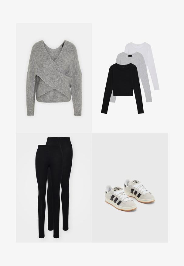 Siva ovitek pulover z globokim V-izrezom, dolgimi rokavi in ribasto teksturo. Narejen iz mehke pletene tkanine z plastnim, asimetričnim dizajnom.; Tri dolga rokava zložena: črna, siva in bela. Vsaka ima okroglo izreznico in skrajšan dizajn z gladkim, lahkotnim materialom.; Črne legice iz gladkega, raztegljivega materiala z visokim pasom. Imajo pritrjeno silhueto in dolžino do gležnjem. Prikazani sta dve pari.; Sive športne čevlje iz semiša z belimi vezalkami, črnimi črtami in belim gumijastim podplatom. Imajo okroglo oznako na ježku in podplat iz gume.