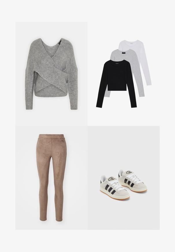 Suéter gris envolvente con un profundo escote en V, mangas largas y textura acanalada. Fabricado con un material de punto suave y un diseño asimétrico en capas.; Tres camisetas de manga larga apiladas: negra, gris y blanca. Cada una tiene un escote redondo y un diseño recortado con una tela suave y ligera.; Leggings marrones de cintura alta, fabricados con un material suave similar al ante; diseño ajustado con una textura lisa y sin costuras ni adornos visibles.; Zapatillas de ante gris con cordones blancos, rayas negras y suela de goma blanca. Presentan un logo circular en la lengüeta y una suela de goma.