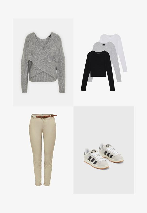 Grå indpakningssweater med dyb V-udskæring, lange ærmer og ribbet tekstur. Fremstillet i et blødt strikkemateriale med et lagdelt, asymmetrisk design.; Tre langærmede toppe stablet: sort, grå og hvid. Hver har en rund halsudskæring og et cropped design med glat, let stof.; Beige slim-fit bukser lavet af bomuld med en glat tekstur, udstyret med et brunt læderbælte og oprullede cuff'er for ekstra detalje.; Grå ruskinds sneakers med hvide snørebånd, sorte striber og en hvid gummisål. Har et rundt logo på tungen og en gummisål.