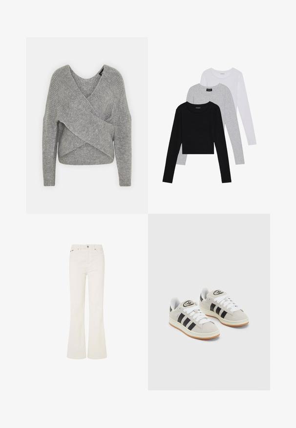 Pull en gris avec un col en V profond, des manches longues et une texture côtelée. Fabriqué en matériau tricoté doux avec un design asymétrique superposé.; Trois hauts à manches longues empilés : noir, gris et blanc. Chacun a un col rond et un design court avec un tissu lisse et léger.; Jean flare blanc en mélange de coton. Comprend cinq poches, une fermeture à bouton à l'avant et des coutures visibles le long des coutures.; Baskets en suède gris avec des lacets blancs, des rayures noires et une semelle en caoutchouc blanc. Présentent un logo circulaire sur la languette et une semelle en gomme.