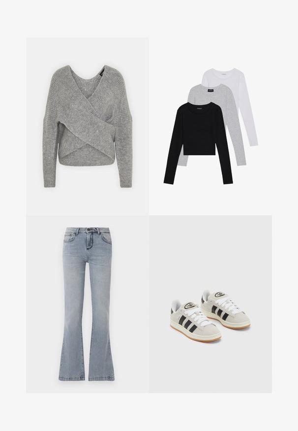 Suéter cinza envolvente com um decote em V profundo, mangas longas e textura canelada. Feito de um material de malha suave com um design assimétrico em camadas.; Três camisetas de manga longa empilhadas: preta, cinza e branca. Cada uma tem um decote redondo e um design cropped, feitas de um tecido leve e suave.; Jeans de ganga azul claro com corte flare, fecho frontal com botão e zíper, e design clássico de cinco bolsos.; Tênis de camurça cinza com atacadores brancos, riscas pretas e uma sola de borracha branca. Apresenta um logótipo circular na língua e uma sola de borracha.