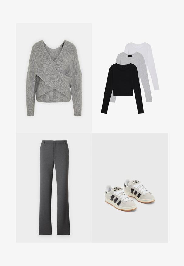 Harmaa neulejakku, jossa on syvä V-kaula-aukko, pitkät hihat ja ribboitu pinta. Valmistettu pehmeästä neuloksesta, jossa on kerroksellinen ja epäsymmetrinen muotoilu.; Kolme pitkähihasta paita päällekkäin: musta, harmaa ja valkoinen. Jokaisessa on pyöreä pääntie ja lyhennetty muotoilu, jossa on sileä ja kevyt kangas.; Harmaat housut, joissa on suora lahje. Valmistettu tekstuurista kankaasta, jossa on tasainen etuosa ja vyölenkit. Ei näkyviä kuvioita tai metallitukkeja.; Harmaat mokkasiinikenkä, joissa on valkoiset nauhat, mustat raidat ja valkoinen kumipohja. Kantajassa on pyöreä logo ja vaaleanruskea pohja.