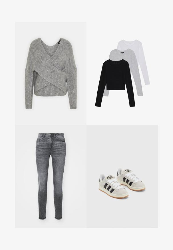 Hallide hallhargus, sügava V-kaelusega, pikkade varrukatega ja ribatrepiga. Valmistatud pehmest kudumismetallist, millel on kihiline, asümmeetriline disain.; Kolm pikkade varrukatega toppi, mis on üksteise peale asetatud: must, hall ja valge. Igal ühel on ümar kaelus ja lühike disain, valmistatud siledast, kergekaalulisest kangast.; Peene teksad helesinise pesuga, millel on kõrge vöökoht, nööpidega sulgemine ja kulunud äär. Valmistatud tekstuursete variationidega denimist.; Hallid hallid nahkrennid valgete paeltega, mustade triipudega ja valge kummitaldiga. Omab ümmargust logo keeles ja kummitalda.