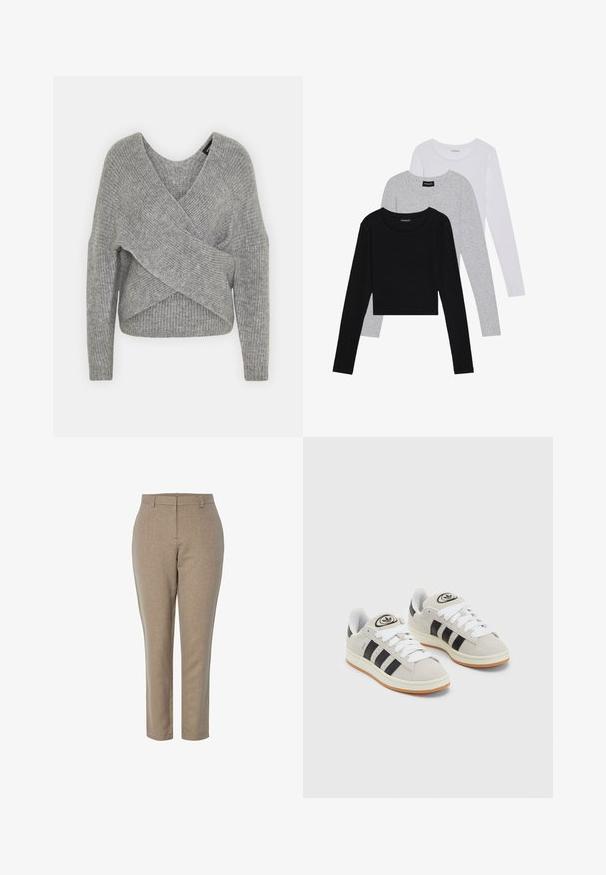 Harmaa neulejakku, jossa on syvä V-kaula-aukko, pitkät hihat ja ribboitu pinta. Valmistettu pehmeästä neuloksesta, jossa on kerroksellinen ja epäsymmetrinen muotoilu.; Kolme pitkähihasta paita päällekkäin: musta, harmaa ja valkoinen. Jokaisessa on pyöreä pääntie ja lyhennetty muotoilu, jossa on sileä ja kevyt kangas.; Beige valmistettu housut, joissa on teksturoitu pinta, suorat lahkeet ja keskitason vyötärö. Ei näkyviä taskuja tai koristeluja.; Harmaat mokkasiinikenkä, joissa on valkoiset nauhat, mustat raidat ja valkoinen kumipohja. Kantajassa on pyöreä logo ja vaaleanruskea pohja.