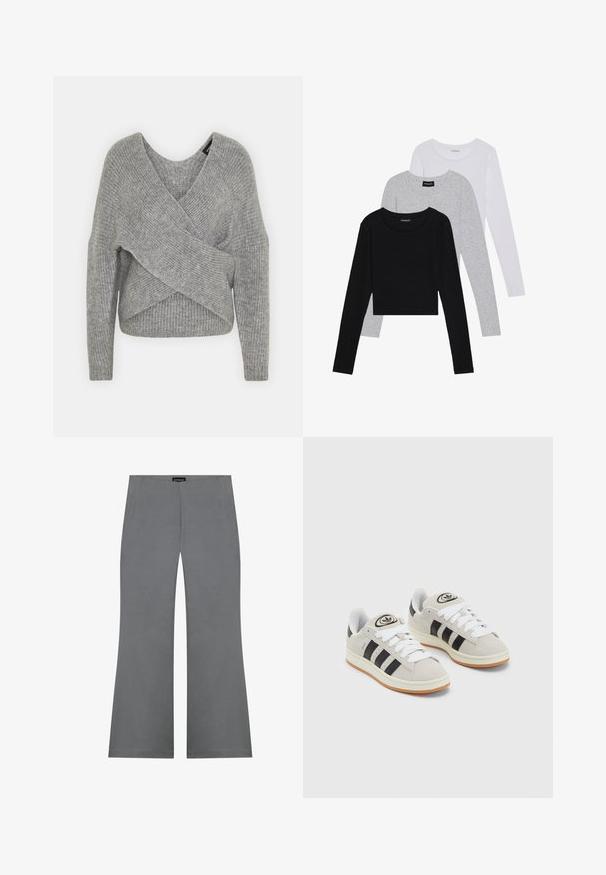 Grå omslagströja med djup V-ringning, långa ärmar och ribbad struktur. Tillverkad av ett mjukt stickat material med en lager-på-lager, asymmetrisk design.; Tre långärmade tröjor staplade: svart, grå och vit. Var och en har en rund halsringning och en kort design med mjukt, lätt material.; Grå utsvängda byxor med en jämn textur, som har hög midja och en ren design. Inga synliga mönster eller hårdvarudetaljer.; Grå mocka sneakers med vita snören, svarta ränder och en vit gummisula. Har en rund logo på tungan och en gummisula.