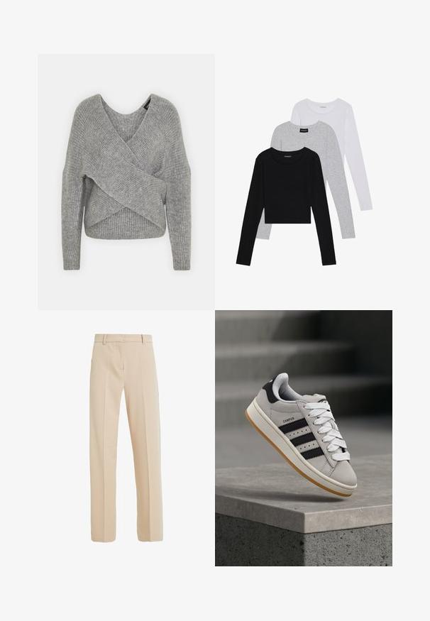 Siva omotana vestica s dubokim V-izrezom, dugim rukavima i rebrastom teksturom. Izrađena od mekog pletenog materijala s slojevitim, asimetričnim dizajnom.; Tri dugih rukava posložena: crna, siva i bijela. Svaka ima okrugli izrez i skrateni kroj s glatkom, laganom tkaninom.; Bež hlače krojene od glatkog materijala, s ravnim krojem, bočnim džepovima i pregibima naprijed.; Siva Adidas Campus tenisica s crnim prugama i bijelim vezicama lebdi iznad betonskog ruba s ljestvama u pozadini.